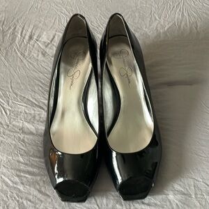 Jessica Simpson open toe heels in black pattern. 3 inch heel.